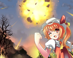 Rule 34 | 1girl, aida takanobu, blonde hair, clenched hand, explosion, fang, female focus, flandre scarlet, from below, lowres, one eye closed, open mouth, red eyes, side ponytail, smile, solo, touhou, wings, wink