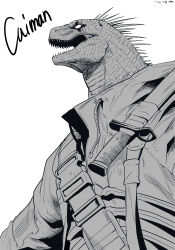 Rule 34 | 1boy, absurdres, buckle, caiman (dorohedoro), character name, combat knife, dorohedoro, drawstring, facial mark, furry, furry male, gegegekman, greyscale, highres, jacket, knife, knife sheath, lizardman, male focus, monochrome, nostrils, open mouth, reptile boy, scales, sharp teeth, sheath, sheathed, signature, snap-fit buckle, solo, spikes, tactical clothes, teeth, upper body, weapon, white background
