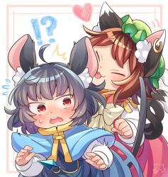 Rule 34 | !?, 2girls, ^^^, ahoge, animal ear fluff, animal ears, artist logo, blush, brown hair, capelet, cat ears, cat tail, chen, commentary request, dress, earrings, closed eyes, flying sweatdrops, green headwear, grey dress, grey hair, hat, heart, highres, ibaraki natou, jewelry, licking, long sleeves, mob cap, mouse ears, mouse tail, multiple girls, multiple tails, nazrin, pendant, red dress, red eyes, shirt, short hair, single earring, surprised, sweatdrop, tail, tongue, tongue out, touhou, two tails, white background, white shirt