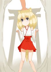 Rule 34 | 1girl, absurdres, animal ears, bare shoulders, blonde hair, blush, child, collarbone, detached sleeves, disembodied hand, female focus, fox ears, fox tail, grey eyes, hand on head, hands up, highres, japanese clothes, kimono, nakanun, nontraditional miko, original, outdoors, paw pose, headpat, pleated skirt, red skirt, ribbon-trimmed sleeves, ribbon trim, short hair, simple background, skirt, sleeveless, sleeveless kimono, solo, standing, tail, tree, white kimono