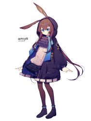 Rule 34 | 1girl, amiya (arknights), animal ears, ankleband, arknights, ascot, black footwear, black pantyhose, blouse, blue ascot, blue eyes, blue skirt, brown hair, character name, copyright name, cot (co2cotton), full body, highres, hood, hood up, hooded jacket, jacket, jewelry, light blush, long hair, looking at viewer, multiple rings, pantyhose, plaid, plaid skirt, ponytail, rabbit ears, ring, shirt, shoes, sidelocks, simple background, skirt, solo, thigh strap, white background, white shirt