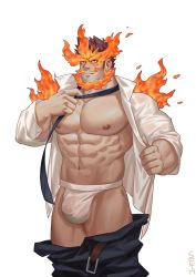 Rule 34 | 1boy, abs, alternate costume, bara, beard, belt, black tank top, blue eyes, body hair, boku no hero academia, boxers, briefs, bulge, casual, denim, endeavor (boku no hero academia), facial hair, fire, frde, jeans, large pectorals, male focus, male underwear, manly, muscular, navel, necktie, nipples, open clothes, pants, pectorals, red hair, salaryman, see-through, shirt, short hair, simple background, solo, spiked hair, stubble, tank top, thick thighs, thighs, underwear, undressing, white background, white shirt