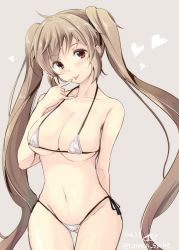 Rule 34 | 10s, 1girl, :p, \m/, ahoge, artist name, bikini, black ribbon, blonde hair, blush, breasts, cleavage, closed mouth, collarbone, dated, eyebrows, gin&#039;ichi (akacia), gluteal fold, grey background, groin, hand gesture, head tilt, heart, highres, kantai collection, large breasts, long hair, micro bikini, murasame (kancolle), red eyes, ribbon, side-tie bikini bottom, simple background, smile, solo, swimsuit, tareme, thigh gap, tongue, tongue out, twintails, very long hair, white bikini