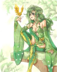 Rule 34 | 1990s (style), 1girl, bad id, bad pixiv id, bird, boots, breasts, bridal gauntlets, cape, circlet, claire roses, claireroses, cleavage, detached sleeves, earrings, final fantasy, final fantasy iv, green footwear, green hair, highres, jewelry, leaf, long hair, lots of jewelry, open mouth, retro artstyle, rydia (ff4), sitting, smile, solo, thighhighs, wide sleeves