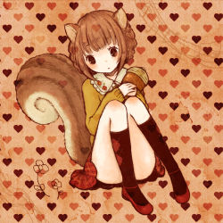 Rule 34 | 1girl, 1st-mn, acorn, animal ears, brown eyes, brown hair, flower, heart, heart background, original, plaid, plaid skirt, skirt, socks, solo, squirrel ears, squirrel tail, tail