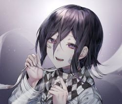 Rule 34 | 1boy, :d, bandages, bandaid, bandaid on face, black hair, checkered clothes, checkered scarf, commentary request, danganronpa (series), danganronpa v3: killing harmony, goto (sep), gradient background, grey background, grey jacket, hair between eyes, hands up, highres, holding, holding bandages, jacket, light particles, long sleeves, looking at viewer, male focus, open mouth, oma kokichi, pale skin, purple eyes, purple hair, sad smile, scarf, short hair, smile, solo, teeth, upper body, upper teeth only, white jacket
