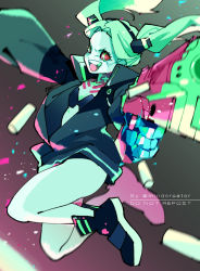 Rule 34 | 1girl, aiming, aiming at viewer, black bra, black footwear, black hairband, black jacket, blurry, blurry foreground, body markings, bra, breasts, colored sclera, cyberpunk (series), cyberpunk edgerunners, full body, green hair, grey background, gun, gun pointing at viewer, hairband, holding, holding gun, holding weapon, jacket, long hair, long sleeves, nair (mindcreator), open mouth, parted bangs, pink sclera, rebecca (cyberpunk), red eyes, shell casing, shoes, small breasts, smile, sneakers, solo, twintails, twitter username, underwear, v-shaped eyebrows, weapon