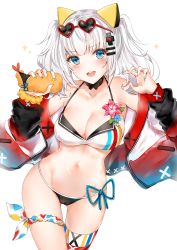 Rule 34 | 1girl, absurdres, bare shoulders, bikini, black bikini, blue eyes, blush, breasts, cleavage, collarbone, d-pad, d-pad hair ornament, eyewear on head, hair ornament, hairclip, heart, heart-shaped eyewear, highres, jacket, kaguya luna, large breasts, long hair, looking at viewer, mismatched bikini, nail polish, navel, off shoulder, open clothes, open jacket, open mouth, simple background, smile, sunglasses, swimsuit, the moon studio, thighs, twintails, virtual youtuber, white background, white bikini, white hair, yukineko1018