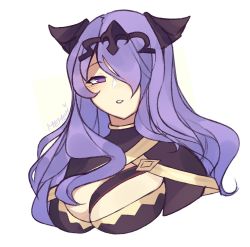 Rule 34 | 1girl, artist name, between breasts, breasts, camilla (fire emblem), cleavage, fire emblem, fire emblem fates, hair over one eye, highres, large breasts, long hair, memeh, nintendo, parted lips, purple eyes, purple hair, simple background, solo, tiara, white background