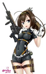 Rule 34 | 10s, 1girl, :d, adapted costume, ahoge, akizuki (kancolle), ammunition, ar-57, armor-piercing ammunition, assault rifle, bad id, bad pixiv id, belt, black hair, blue eyes, breasts, brown hair, bullet, carbine, clothes writing, covered navel, cowboy shot, explosive, fn 5.7x28mm, franz (217franz), gloves, grenade, gun, hachimaki, hand grenade, handgun cartridge, headband, headgear, high-capacity magazine, highres, holding, holding gun, holding weapon, holster, horizontal magazine, kantai collection, long hair, looking at viewer, magazine (weapon), medium breasts, military cartridge, open mouth, pdw cartridge, personal defense weapon, pistol-caliber carbine, pistol cartridge, ponytail, rifle, see-through, simple background, smile, solo, submachine gun, supersonic ammunition, thigh holster, translucent, trigger discipline, twitter username, unitard, weapon, white background