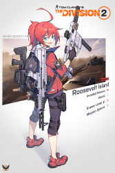 Rule 34 | 1girl, :d, ahoge, backpack, bag, bag charm, black gloves, blue eyes, blue sky, car, charm (object), cloud, cloudy sky, commentary request, copyright name, english text, fang, full body, general-purpose machine gun, gloves, grenade launcher, gun, hair between eyes, highres, holding, holding gun, holding weapon, kriss usa, kriss vector, looking at viewer, looking to the side, milkor mgl, m60, machine gun, magpul, milkor mgl, motor vehicle, nian (zhanian), open mouth, osprey 45, polygonal suppressor, ponytail, purple shorts, red footwear, red hair, red shirt, revolver grenade launcher, shirt, shoes, short sleeves, shorts, silencerco, skin fang, sky, smile, solo, standing, submachine gun, suppressor, tom clancy&#039;s the division, tom clancy&#039;s the division 2, transformational defense industries, trigger discipline, v-shaped eyebrows, weapon, weapon on back