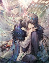Rule 34 | 1boy, blue eyes, butterfly wings, crown, csyday, dual persona, fate/grand order, fate (series), insect wings, knee up, male focus, oberon (fate), oberon (third ascension) (fate), signature, silver hair, sitting, spoilers, wings