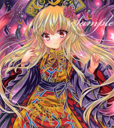 Rule 34 | 1girl, black dress, black headwear, blonde hair, breasts, closed mouth, cowboy shot, crescent print, dress, flower, fox tail, frilled dress, frilled tabard, frills, hair flower, hair ornament, hands up, junko (touhou), long hair, long sleeves, looking at viewer, marker (medium), multiple tails, phoenix crown, print tabard, purple tail, red eyes, red tabard, ribbon, rui (sugar3), sample watermark, small breasts, smile, solo, tabard, tail, tassel, touhou, traditional media, very long hair, watermark, wide sleeves