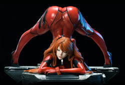 Rule 34 | 1girl, absurdres, artist request, ass, black background, blue eyes, bodysuit, brown hair, figure, flexible, gradient hair, hair ornament, highres, huge ass, interface headset, jack-o&#039; challenge, lips, long hair, looking at viewer, meme, multicolored hair, neon genesis evangelion, photo (medium), plugsuit, red bodysuit, shiny clothes, simple background, solo, souryuu asuka langley, spread legs, stretching, twintails, two side up, very long hair, wide spread legs