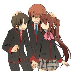Rule 34 | 1girl, 2boys, bad id, bad pixiv id, bow, brown eyes, brown hair, closed eyes, holding hands, little busters!, long hair, multiple boys, naoe riki, natsume kyousuke, natsume rin, one eye closed, pink bow, ponytail, red eyes, school uniform, shacttainw, short hair, wink