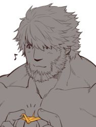 Rule 34 | 1boy, alternate hairstyle, beard, blush, completely nude, facial hair, fate/zero, fate (series), gomtang, greyscale, humming, iskandar (fate), large pectorals, long hair, male focus, monochrome, muscular, nude, origami, paper crane, pectorals, solo, topless male, upper body, white background