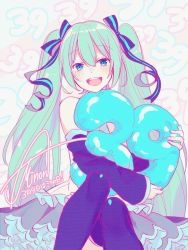 Rule 34 | 1girl, 39, aqua eyes, aqua hair, aqua nails, aqua necktie, asagao minoru, balloon, bare shoulders, black sleeves, black thighhighs, commentary, detached sleeves, hair ribbon, hatsune miku, highres, holding, holding balloon, hugging object, long hair, looking at viewer, nail polish, necktie, number background, open mouth, pastel colors, ribbon, shirt, signature, sitting, skirt, sleeveless, sleeveless shirt, smile, solo, striped ribbon, thighhighs, twintails, very long hair, vocaloid