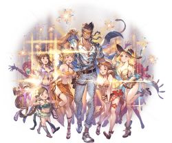 Rule 34 | 1boy, 5girls, bare shoulders, belt, bikini, blonde hair, blue eyes, boots, braid, breasts, brown eyes, brown hair, draph, drink, erune, facial hair, flower, full body, goatee, granblue fantasy, grey eyes, grin, harvin, hat, heart, heart-shaped pupils, height difference, hibiscus, high heels, holster, horns, large breasts, long hair, minaba hideo, multiple braids, multiple girls, navel, one-piece swimsuit, one eye closed, plaid, plaid bikini, pointy ears, sandals, sarong, shawl, short hair, smile, sparkle, sunglasses, suspenders, swimsuit, symbol-shaped pupils, transparent background, twin braids, yngwie