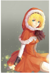Rule 34 | 1girl, aegis (persona), alternate costume, android, aqua eyes, black bow, blonde hair, border, bow, chel (chelsea106), dress, fur trim, hairband, headphones, highres, hood, light particles, looking at viewer, persona, persona 3, red dress, red hood, robot, santa costume, short hair, sitting, solo, upper body, white border