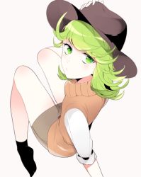 Rule 34 | 1girl, alternate costume, bad id, bad pixiv id, flipped hair, from above, green eyes, green hair, hand on headwear, hat, matching hair/eyes, no shoes, one-punch man, short hair, simple background, sitting, sleeves rolled up, socks, solo, swept bangs, tatsumaki, yudacocco