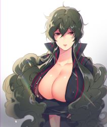 Rule 34 | 10s, 1girl, bad id, bad pixiv id, belt, big hair, black jacket, breast hold, breasts, collarbone, covered erect nipples, crossed arms, eyebrows, genderswap, genderswap (mtf), gradient background, green eyes, green hair, high collar, huge breasts, jacket, lens flare, long hair, long sleeves, looking at viewer, matching hair/eyes, open belt, open clothes, open jacket, parted lips, pepper fever, red lips, shade, simple background, solo, tachikawa kei, uniform, upper body, very long hair, white background, world trigger