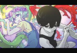 Rule 34 | 2boys, ahoge, basil (headspace) (omori), basil (omori), black eyes, black hair, black tank top, blue overalls, colored skin, dynamic pose, empty eyes, expressionless, flower, flower wreath, glint, green eyes, green hair, hair ornament, head wreath, highres, holding, holding knife, kitchen knife, knife, letterboxed, looking at viewer, multiple boys, no pupils, omori, omori (omori), overall shorts, overalls, parted lips, partially colored, pruning shears, shears, shirt, short hair, short sleeves, shorts, sleeveless, striped clothes, striped shorts, sweatdrop, tank top, tendoshi, twitter username, watermark, white skin, yellow shirt