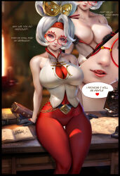 Rule 34 | 1girl, :q, bare shoulders, black gloves, blush, book, breasts, cleavage, english text, eyeshadow, felox08, glasses, gloves, hair bun, hair ornament, hair stick, highres, large breasts, looking at viewer, makeup, multiple views, nintendo, purah, red-framed eyewear, red eyes, red eyeshadow, red lips, round eyewear, sheikah, short hair, solo, the legend of zelda, the legend of zelda: tears of the kingdom, thigh gap, tongue, tongue out, white hair