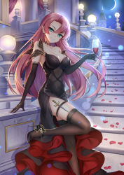 Rule 34 | 1girl, alcohol, aqua eyes, arm support, azur lane, bare shoulders, black dress, black gloves, breasts, brown thighhighs, building, cleavage, collarbone, covered navel, crescent moon, cup, dagger, dress, drinking glass, duke of york (azur lane), duke of york (eternal night&#039;s carola) (azur lane), earrings, elbow gloves, gloves, head tilt, high heels, holding, holding cup, jewelry, knife, lamp, large breasts, leg up, long dress, long hair, looking at viewer, moon, neck ring, night, petals, pink hair, pointy ears, pumps, shoes, sidelocks, sleeveless, sleeveless dress, smile, solo, stairs, standing, standing on one leg, stiletto heels, strapless, strapless dress, thigh strap, thighhighs, weapon, wine, wine glass, yue xiao e