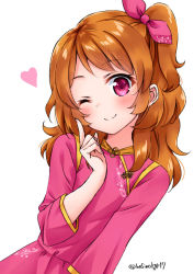 Rule 34 | 1girl, ;), aikatsu!, aikatsu! (series), bad id, bad pixiv id, blush, china dress, chinese clothes, closed mouth, commentary request, dress, hair ribbon, heart, hoshino kagari, long sleeves, looking at viewer, one eye closed, one side up, ozora akari, orange hair, pink dress, pink eyes, ribbon, side ponytail, simple background, smile, solo, twitter username, upper body, white background
