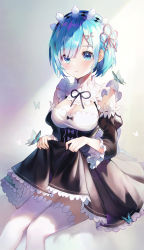 Rule 34 | 1girl, absurdres, black dress, blue eyes, blue hair, breasts, bug, butterfly, cleavage, closed mouth, clothes lift, detached sleeves, dress, dress lift, flower knot, frills, hair ornament, headdress, highres, insect, juliet sleeves, long sleeves, looking at viewer, maid, medium breasts, puffy sleeves, re:zero kara hajimeru isekai seikatsu, rem (re:zero), short hair, sidelocks, sitting, solo, thighhighs, white thighhighs, wide sleeves, x hair ornament, yuna (deadawon)