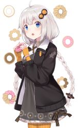 Rule 34 | 1girl, :o, ahoge, black jacket, blue eyes, blush, bracelet, braid, cowboy shot, doughnut, dress, fingerless gloves, food, gloves, grey dress, hair ornament, highres, holding, holding food, jacket, jewelry, kizuna akari, legs together, long hair, long sleeves, looking at viewer, open clothes, open jacket, open mouth, orange gloves, orange pantyhose, pantyhose, silver hair, simple background, solo, star (symbol), striped clothes, striped gloves, striped pantyhose, twin braids, vertical-striped clothes, vertical-striped gloves, vertical-striped pantyhose, very long hair, vocaloid, voiceroid, white background, yukarite