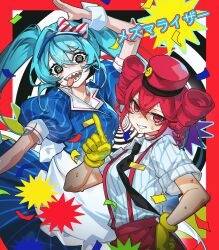 Rule 34 | 2girls, @ @, absurdres, black eyes, black necktie, blue dress, blue hair, bow, collared shirt, confetti, dress, drill hair, elbow gloves, gloves, hair bow, hand up, hat, hatsune miku, highres, index finger raised, kasane teto, long hair, mato-c, mesmerizer (vocaloid), multiple girls, necktie, open mouth, pink eyes, pink hair, pink hat, pinstripe dress, pinstripe pattern, puffy short sleeves, puffy sleeves, sharp teeth, shirt, short sleeves, sidelocks, smile, striped bow, suspenders, sweat, teeth, tongue, tongue out, twin drills, twintails, utau, very long hair, visor cap, vocaloid