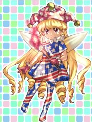 Rule 34 | 1girl, adapted costume, bad id, bad twitter id, blonde hair, closed eyes, clownpiece, dress, drill hair, fairy wings, fire, full body, gloves, hat, jester cap, komame (st beans), long hair, looking at viewer, neck ruff, pantyhose, pink eyes, pink gloves, polka dot, short dress, short sleeves, solo, star (symbol), star print, striped, torch, touhou, unmoving pattern, very long hair, wings, wrist cuffs