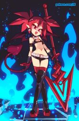 Rule 34 | 1girl, absurdres, bare shoulders, belt, black footwear, black gloves, blue fire, boots, breasts, collar, commentary, crossed legs, demon girl, demon tail, demon wings, disgaea, earrings, elder spear, etna (disgaea), fire, full body, gloves, high heel boots, high heels, highres, jewelry, looking at viewer, makai senki disgaea, micro shorts, planted, pointy ears, polearm, red eyes, red hair, red thighhighs, rtil, shorts, skull earrings, small breasts, solo, spear, standing, tail, thigh boots, thigh gap, thighhighs, thighhighs under boots, twintails, watson cross, weapon, white belt, wings