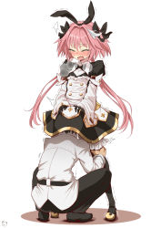 Rule 34 | 2boys, animal ears, astolfo (fate), astolfo (saber) (fate), astolfo (saber) (third ascension) (fate), belt, black bow, black dress, black footwear, black gloves, black hair, black legwear, black neckwear, black pants, black ribbon, blush, bow, bowtie, buttons, chaldea uniform, closed eyes, crossdressing, cum, cumdrip, dress, ejaculation, eyes visible through hair, fake animal ears, fang, fate/grand order, fate (series), fellatio, fujimaru ritsuka (male), full body, gloves, hair between eyes, hair bow, hair intakes, hair ribbon, hairband, hands on another&#039;s head, heavy breathing, highres, implied fellatio, josou seme, layered skirt, leg grab, long hair, long sleeves, low twintails, male focus, mary janes, multicolored hair, multiple boys, open mouth, oral, pants, pink hair, rabbit ears, ribbon, sekai saisoku no panda, shirt, shoes, simple background, skin fang, skirt, squatting, standing, streaked hair, suggestive fluid, thighhighs, trap, trembling, twintails, two-tone hair, very long hair, white background, white hair, white shirt, white skirt, wing collar, yaoi