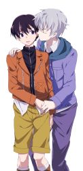 Rule 34 | 2boys, akise aru, amano yukiteru, artist request, bad id, bad pixiv id, black hair, boots, closed eyes, from behind, hand on another&#039;s shoulder, holding hands, hug, imminent kiss, jacket, long shorts, male focus, mirai nikki, multiple boys, open mouth, pants, purple eyes, short hair, shorts, silver hair, yaoi