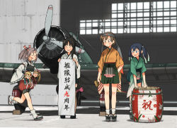Rule 34 | 6+girls, ahoge, aircraft, annin musou, black hair, black hakama, blonde hair, blue hair, blue hakama, blush, bow, breasts, brown hair, carrying, closed eyes, closed mouth, commentary request, fairy (kancolle), flight deck, green hakama, hachimaki, hair bow, hakama, hakama shorts, hakama skirt, headband, hiryuu (kancolle), holding, japanese clothes, kantai collection, long hair, low-tied long hair, multiple girls, muneate, one side up, open mouth, pink bow, ponytail, rudder footwear, short hair, shorts, shouhou (kancolle), skirt, souryuu (kancolle), standing, translation request, twintails, very long hair, wide sleeves, zuihou (kancolle)