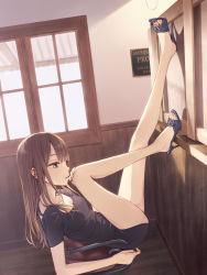 Rule 34 | 1girl, bare legs, blue eyes, brown hair, chair, collarbone, english text, feet, from side, full body, high heels, indoors, legs, legs up, long hair, long legs, looking away, open shoes, original, sandals, short sleeves, shorts, sign, sitting, solo, toes, tokumaru, window, wooden floor
