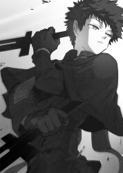 Rule 34 | 1boy, capelet, dual wielding, fighting stance, gloves, greyscale, hand up, highres, holding, holding sword, holding weapon, kazama souya, kzmsnmjkk, long sleeves, looking to the side, male focus, monochrome, priest, robe, shards, short hair, short sword, solo, sword, upper body, veil, weapon, world trigger