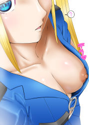 Rule 34 | 1girl, ?, absurdres, blonde hair, blue eyes, blush, breast focus, breast slip, breasts, clueless, collarbone, dead or alive, highres, long hair, looking at viewer, marie rose, medium breasts, nipples, no bra, parted lips, solo, twintails, white background, yabu (pixiv)