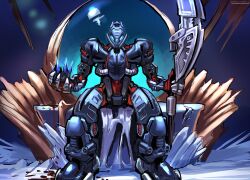 Rule 34 | absurdres, artist name, axe, bionicle, blood, blue eyes, cable, commentary, commission, crossover, crown, english commentary, fate/grand order, fate (series), glowing, glowing eyes, highres, holding, holding axe, holding crown, humanoid robot, looking at viewer, robot, second-party source, sitting, specter l, teridax, the lego group, throne