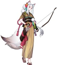 Rule 34 | 1girl, absurdres, animal ear fluff, animal ears, arrow (projectile), black gloves, bow (weapon), brown kimono, facial mark, feet, fingerless gloves, forehead, forehead mark, fox ears, fox girl, fox tail, full body, gloves, hair ornament, highres, holding, holding bow (weapon), holding weapon, japanese clothes, kimono, long hair, nail polish, obi, onmyoji, original, ponytail, quiver, red eyes, ribbon, sandals, sash, simple background, solo, tail, toes, weapon, white background, white hair, wo xuyao jiashui