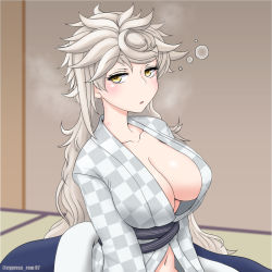 Rule 34 | 1girl, alternate costume, artist name, asymmetrical hair, breasts, brown eyes, cleavage, cypress, drunk, kantai collection, large breasts, long hair, naked robe, navel, no bra, open clothes, robe, silver hair, solo, unryuu (kancolle), very long hair, wavy hair
