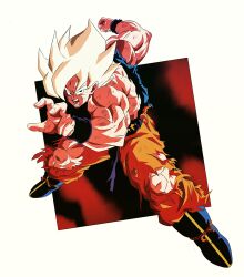 Rule 34 | 1boy, absurdres, ankle boots, battle damage, blonde hair, blue sash, boots, dragon ball, dragonball z, fighting stance, full body, green eyes, highres, injury, looking at viewer, male focus, muscular, muscular male, official style, oharu2000, open mouth, orange pants, pants, sash, shirt, solo, son goku, spiked hair, super saiyan, super saiyan 1, toriyama akira (style), torn clothes, torn pants, torn shirt, wristband