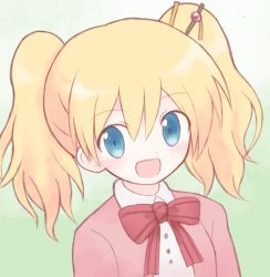 Rule 34 | 1girl, :d, alice cartelet, blonde hair, blue eyes, blush, bow, bowtie, gradient background, hair between eyes, kin-iro mosaic, medium hair, open mouth, pink bow, pink bowtie, smile, solo, striped bow, striped bowtie, striped clothes, striped neckwear, suta (clusta), twintails, upper body