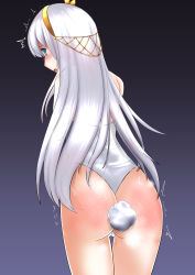 Rule 34 | 1girl, absurdres, anastasia (fate), ass, blue eyes, blush, cameltoe, cowboy shot, embarrassed, fate/grand order, fate (series), from behind, gradient background, hairband, highleg, highleg leotard, highres, leotard, long hair, looking at viewer, looking back, open mouth, playboy bunny, purple background, rabbit tail, selvalanch, silver hair, solo, spanked, standing, straight hair, sweatdrop, tail, thigh gap, very long hair, white leotard, yellow hairband