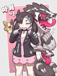 Rule 34 | :p, ;p, absurdres, ahegao, asymmetrical bangs, black choker, black jacket, breasts, choker, creatures (company), domaguri, dress, earrings, galarian form, galarian linoone, game freak, gen 8 pokemon, green eyes, hair ribbon, highres, index fingers raised, jacket, jewelry, korean commentary, korean text, marnie (pokemon), medium hair, mixed-language commentary, morpeko, multicolored background, nintendo, obstagoon, one eye closed, open clothes, open jacket, outline, pink dress, pointing, pointing at self, pokemon, pokemon (creature), pokemon swsh, red ribbon, ribbon, small breasts, star (symbol), tongue, tongue out, twintails