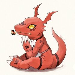 Rule 34 | 1other, breath weapon, breathing fire, digimon, digimon (creature), fire, full body, guilmon, looking at viewer, no humans, rikka (tcbn 18), simple background, solo, white background