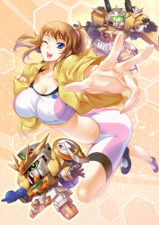 Rule 34 | 10s, 1girl, ;d, ass, bike shorts, blue eyes, breasts, brown hair, cardigan, cleavage, covered erect nipples, gundam, gundam build fighters, gundam build fighters try, haganef, hoshino fumina, large breasts, midriff, one eye closed, open mouth, ponytail, powered gm cardigan, reaching, scrunchie, smile, sports bra, winning gundam