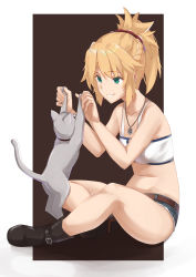 Rule 34 | 1girl, animal, bare arms, bare shoulders, belt, black background, black footwear, blonde hair, braid, breasts, brown belt, cat, fate/grand order, fate (series), green eyes, hair ornament, hair scrunchie, highres, kusubii, long hair, mordred (fate), mordred (fate/apocrypha), mordred (memories at trifas) (fate), navel, ponytail, red scrunchie, scrunchie, shoes, short shorts, shorts, simple background, sitting, small breasts, smile, solo, teeth, two-tone background, white background